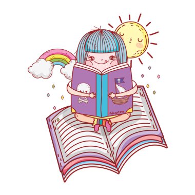 gökkuşağı ve güneş kawaii vektör çizim tasarımı ile kitap okuma kız