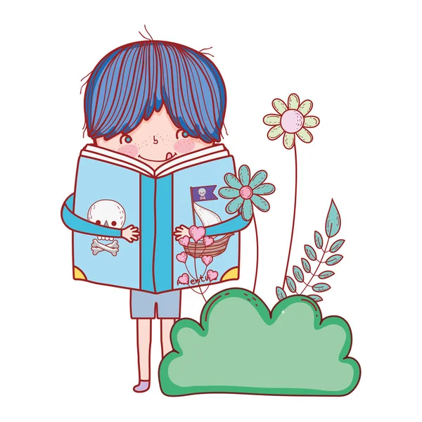 Happy Little Boy Reading Book Garden Vector Illustration Design — Stock Vector