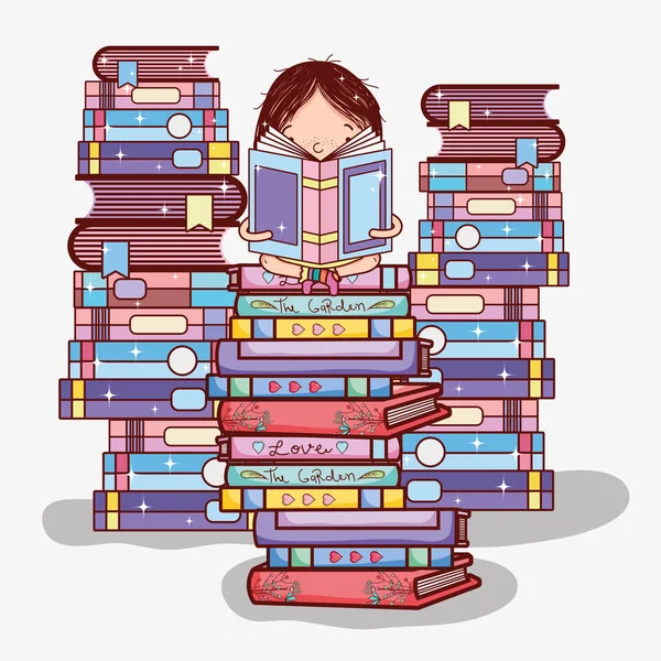 Dívka Knihami Skládaný Kreslené Vektorové Ilustrace Grafický Design — Stockový vektor