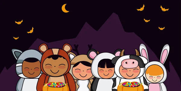 Halloween Lindo Niños Con Traje Animales Caramelos Cesta Vector Ilustración — Vector de stock
