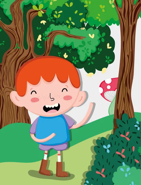 Cute boy at forest cartoon vector illustration graphic design