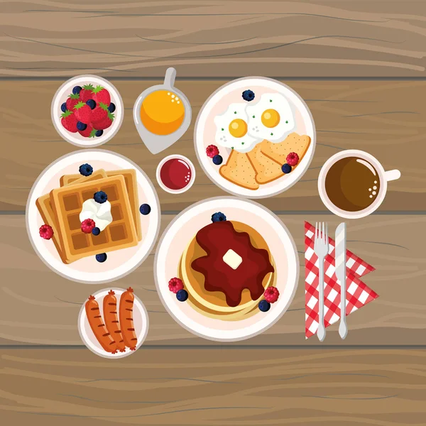 Delicioso Desayuno Sabroso Con Fondo Madera Dibujos Animados Vector Ilustración — Vector de stock