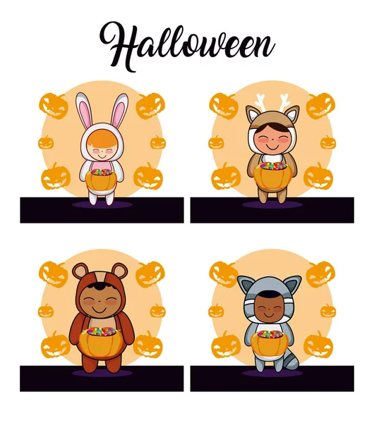 Ensemble Cartes Halloween Avec Enfants Animaux Costume Dessins Animés Vectoriel — Image vectorielle