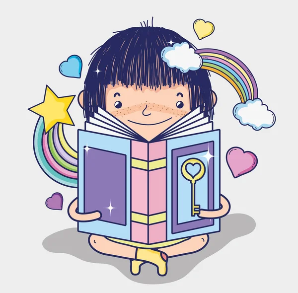 Schattig Meisje Het Lezen Van Fantasy Boek Vector Illustratie Grafisch — Stockvector