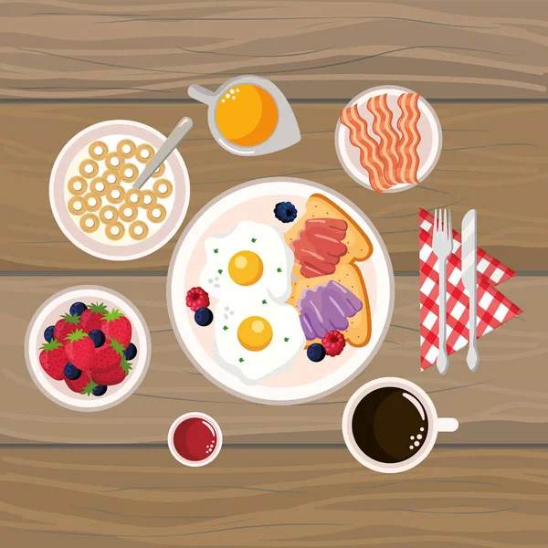 Pyszne Śniadanie Smaczne Drewniane Tła Kreskówka Wektor Grafika Ilustracja — Wektor stockowy