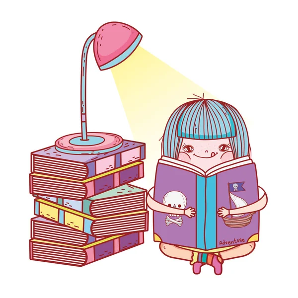 Felice bambina lettura libro con lampada — Vettoriale Stock