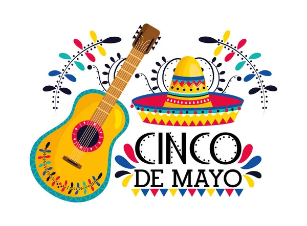 Chapeau mexicain avec guitare à la célébration de l'événement — Image vectorielle