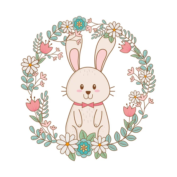 Pequeño conejo con flores de corona carácter de Pascua — Vector de stock