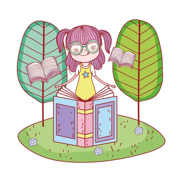 Felice bambina che legge libri sul campo — Vettoriale Stock
