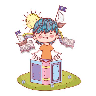 mutlu küçük çocuk okuma kitabı peyzaj