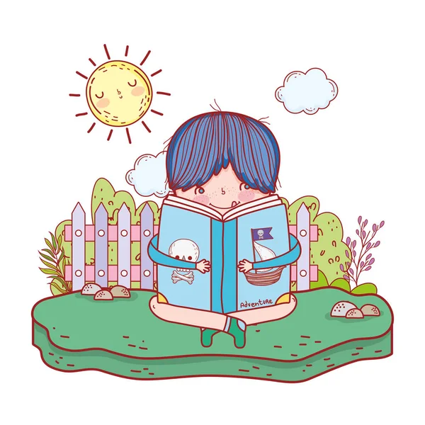 Šťastný chlapec čtení knížky v zahradě — Stockový vektor