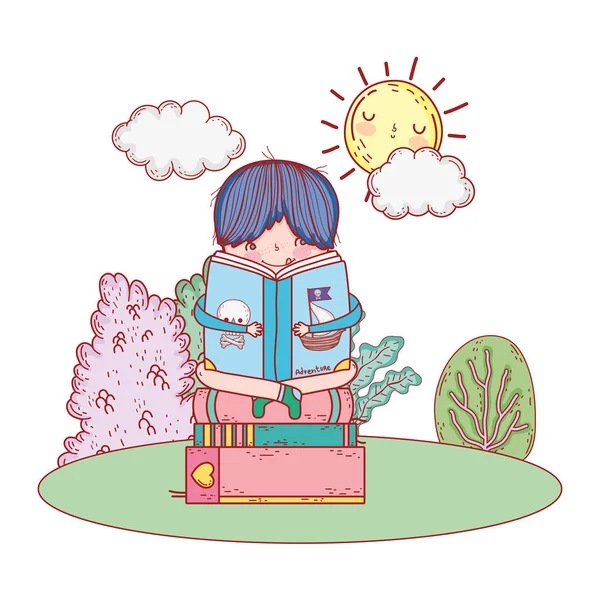 Niño feliz leyendo libros en el campamento — Vector de stock
