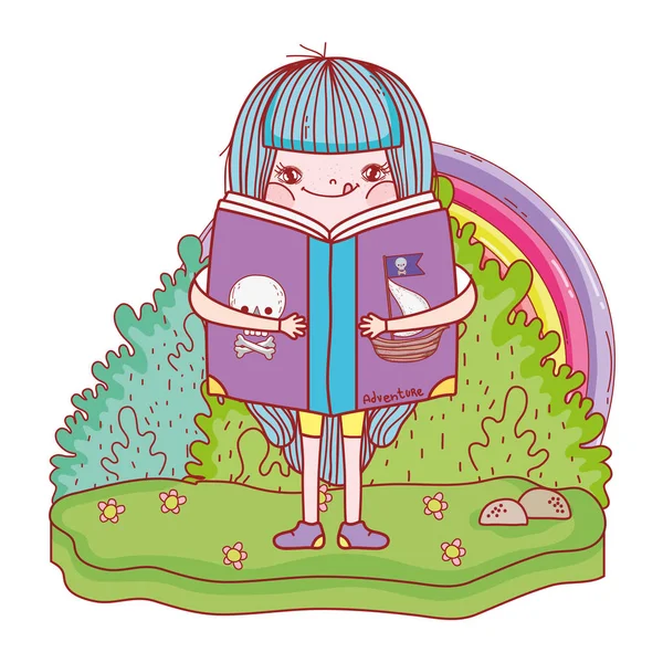 Gelukkig klein meisje lezen boek met regenboog — Stockvector