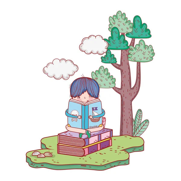 Gelukkig weinig jongen leesboek in het landschap — Stockvector