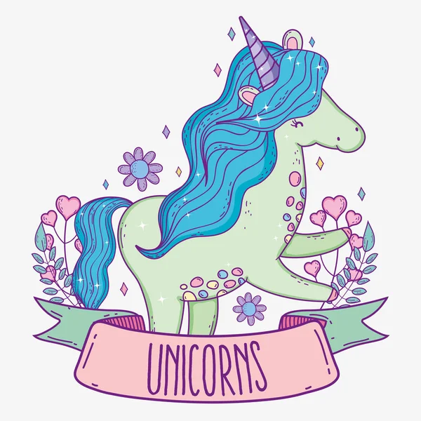 Unicorn lucu dengan hati dan cabang daun - Stok Vektor