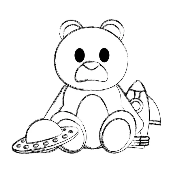 Grunge-Teddybär mit Rakete und Ufo-Spielzeug — Stockvektor