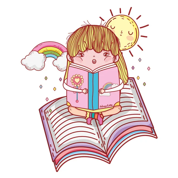 Čtení knihy s rainbow a slunce kawaii holka — Stockový vektor