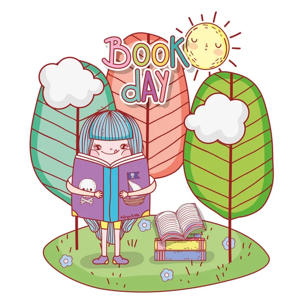 Happy little girl reading books in the field — Stock Vector