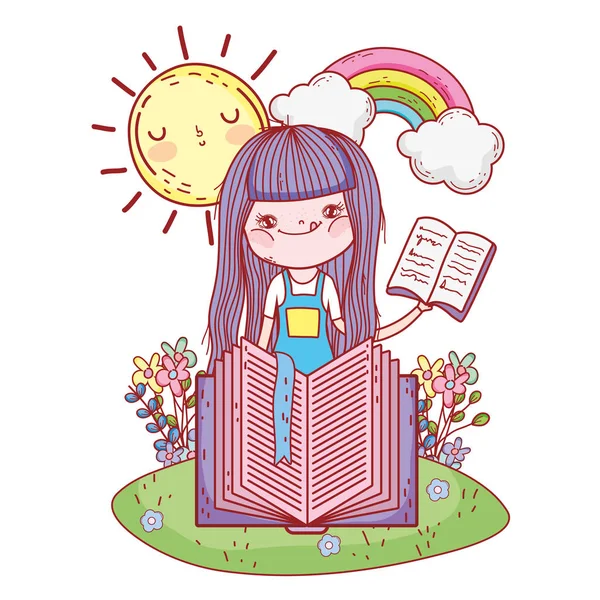 Lycklig liten flicka läsa böcker med regnbåge — Stock vektor