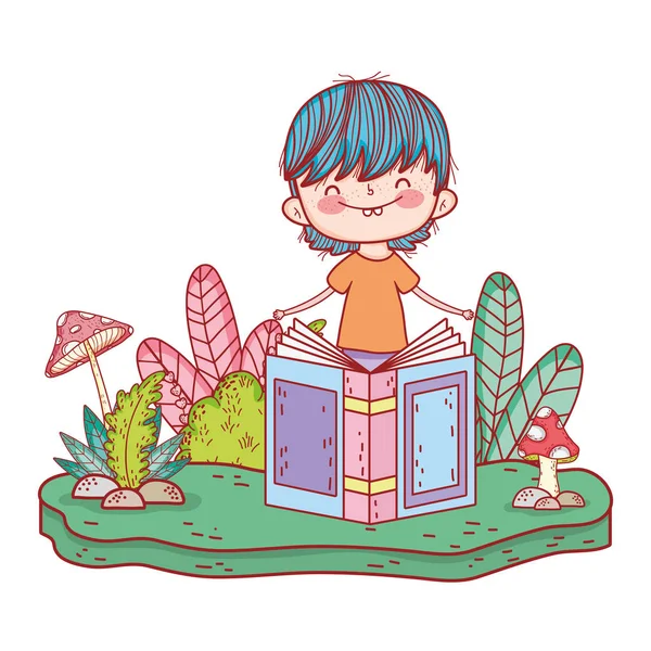 幸せな小さな少年本を読んで、庭で — ストックベクタ