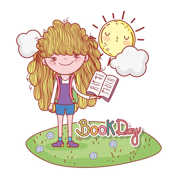 Feliz niña leyendo libro con sol kawaii — Vector de stock