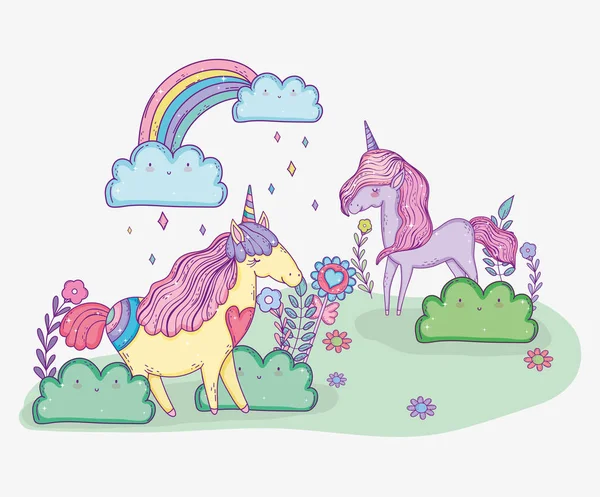 Unicorn lucu dengan bunga dan pelangi dengan awan - Stok Vektor