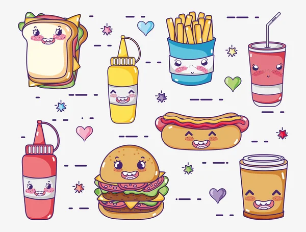Fast food coleção kawaii desenhos animados — Vetor de Stock