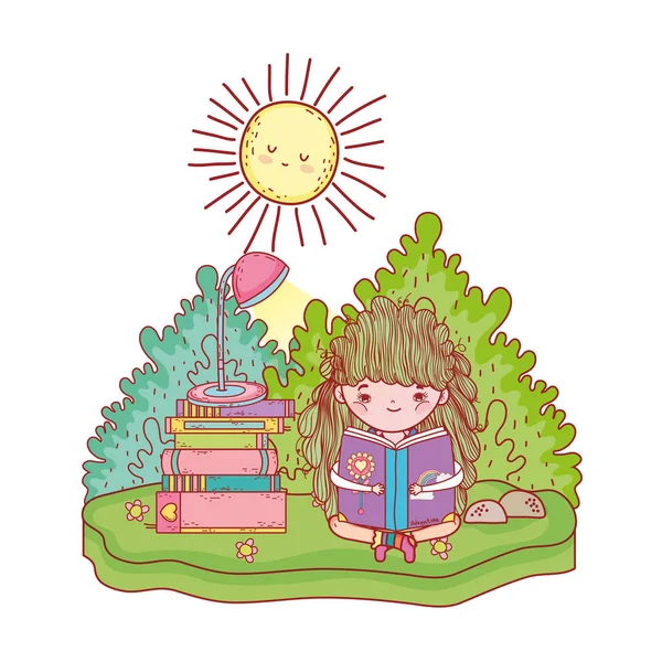 Счастливая маленькая девочка, читающая книги в поле — стоковый вектор