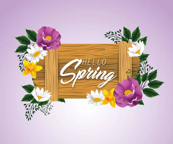 Emblema de madera de primavera con flores de belleza — Archivo Imágenes Vectoriales