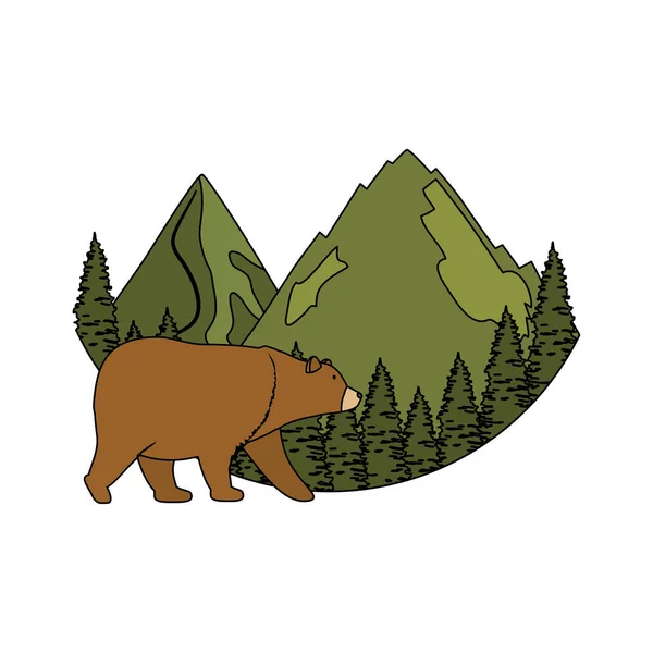 Montañas con oso pardo y pinos — Archivo Imágenes Vectoriales