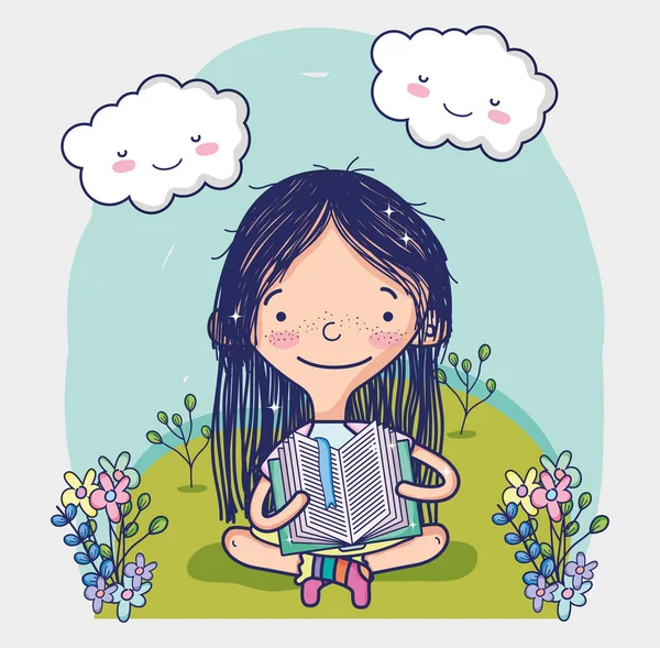 Söt tjej läser en bok-tecknad — Stock vektor
