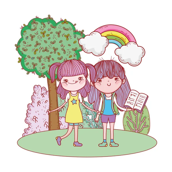 Felici bambine che leggono libri nel paesaggio — Vettoriale Stock