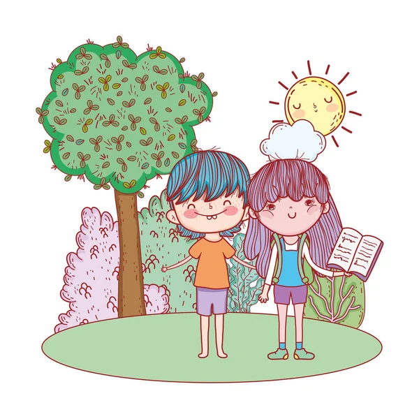 Счастливые маленькие дети, читающие книги в пейзаже — стоковый вектор