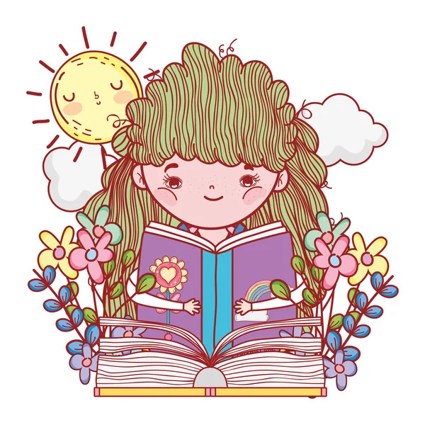Feliz niña leyendo libro con sol kawaii — Vector de stock