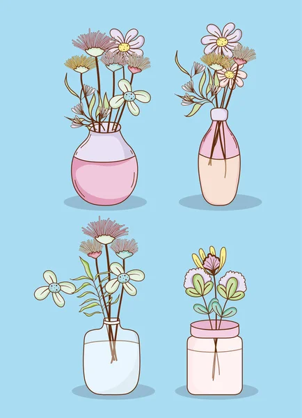 Set van bloemen in potten van mason — Stockvector