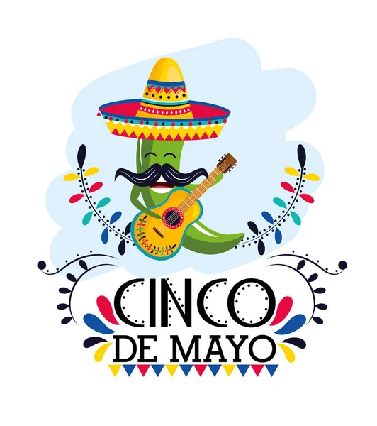 ハットとメキシコのイベントにギターで緑の唐辛子 — ストックベクタ