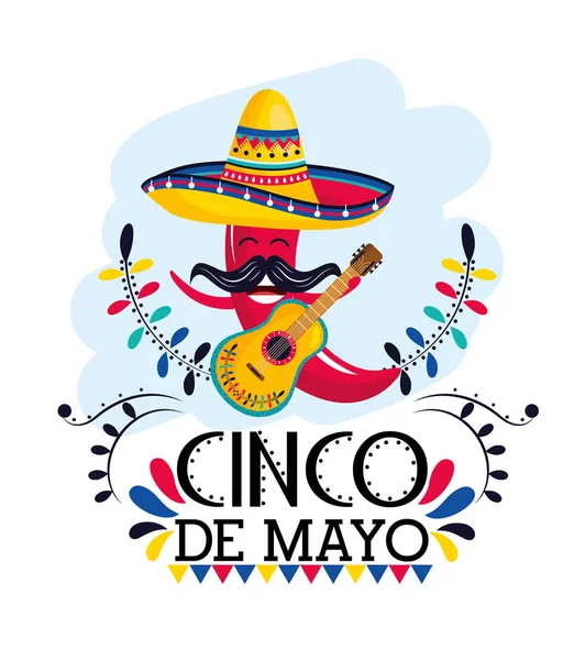 Κόκκινη πιπεριά τσίλι με καπέλο και κιθάρα σε μεξικάνικο εκδήλωση — Διανυσματικό Αρχείο
