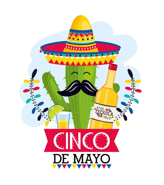 Planta de cacto com chapéu e tequila para evento mexicano —  Vetores de Stock