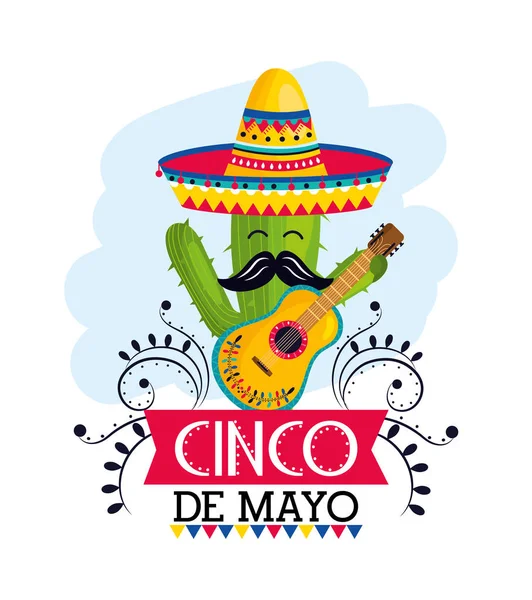 Planta de cactus con sombrero y guitarra a evento mexicano — Vector de stock