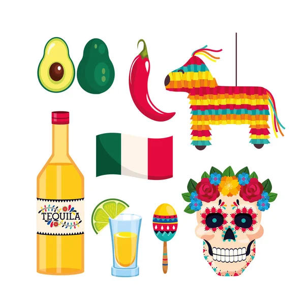 Set decorazione messicana per la celebrazione evento tradizione — Vettoriale Stock