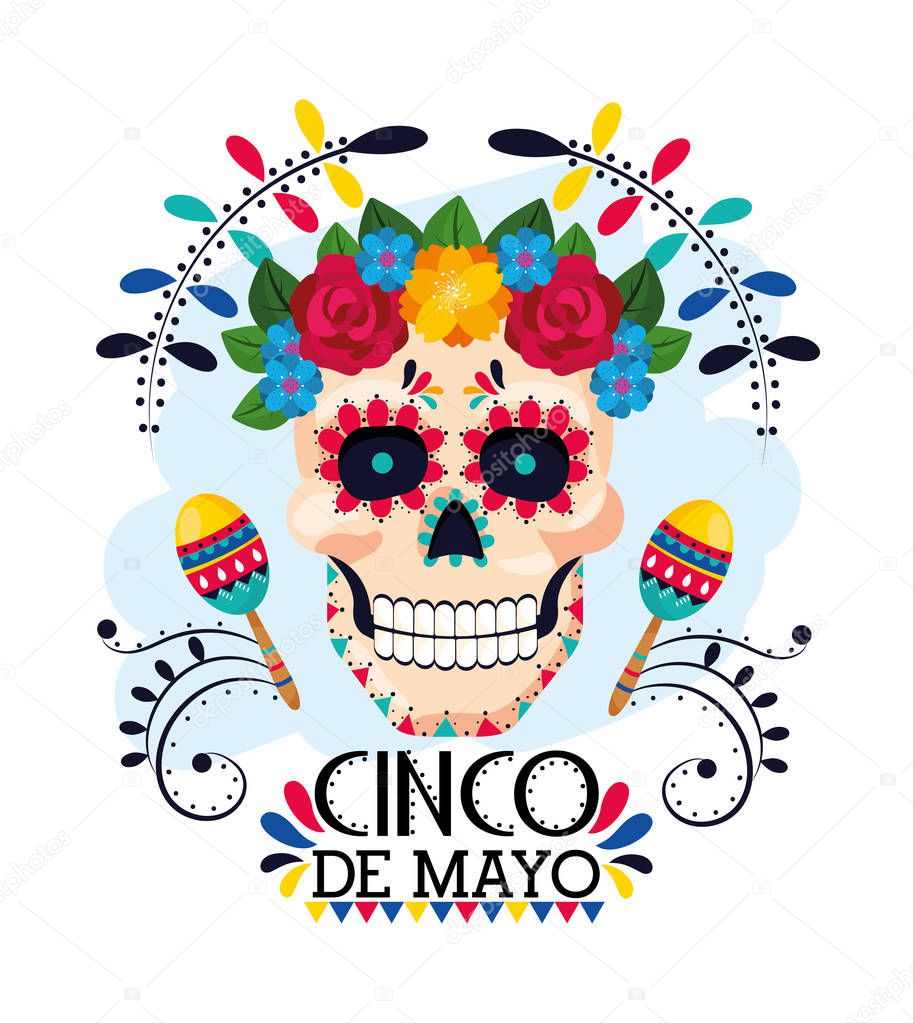 man skull with flowers decoration and maracas