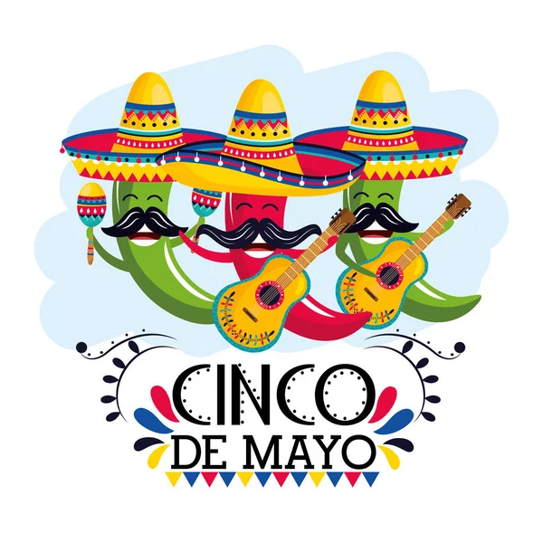 Πιπεριές τσίλι φορώντας μεξικάνικο καπέλο με μαράκες και κιθάρες — Διανυσματικό Αρχείο