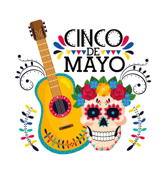 Calavera con decoración de flores y guitarra mexicana — Vector de stock