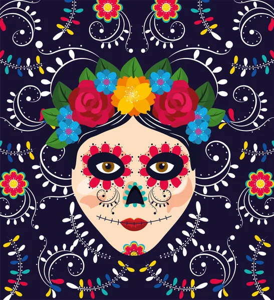 Femme crâne décoration avec des fleurs à événement mexicain — Image vectorielle