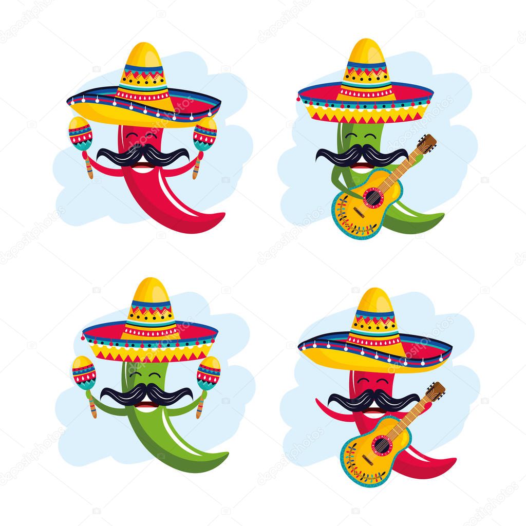 set chili peppers wearing hat with maracas and guitar