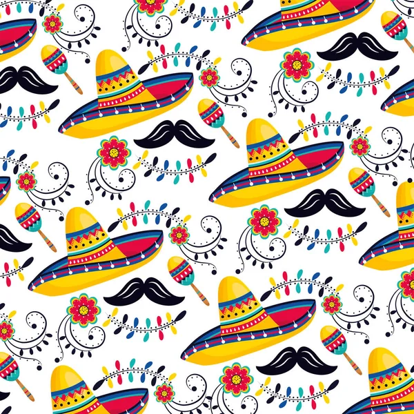 Chapéu mexicano com maracas e bigode fundo — Vetor de Stock