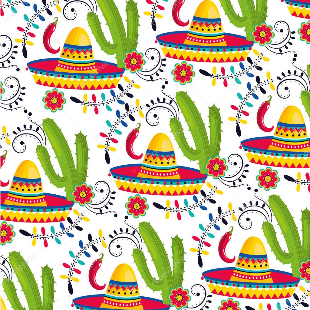 mexican hat with cactus plants and chili peppers background