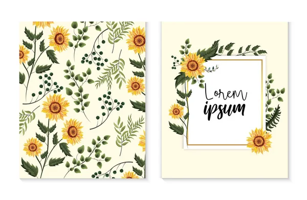 Cartão set com girassóis exóticos e folhas de ramos — Vetor de Stock