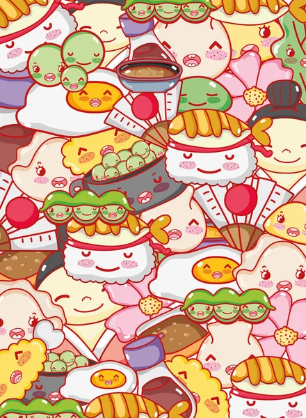 Gastronomía japonesa fondo caricaturas kawaii — Vector de stock