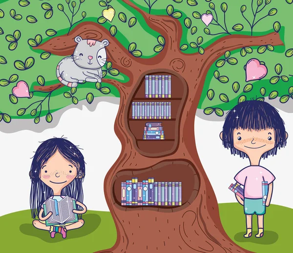 Chicas lindas con biblioteca de árboles — Vector de stock